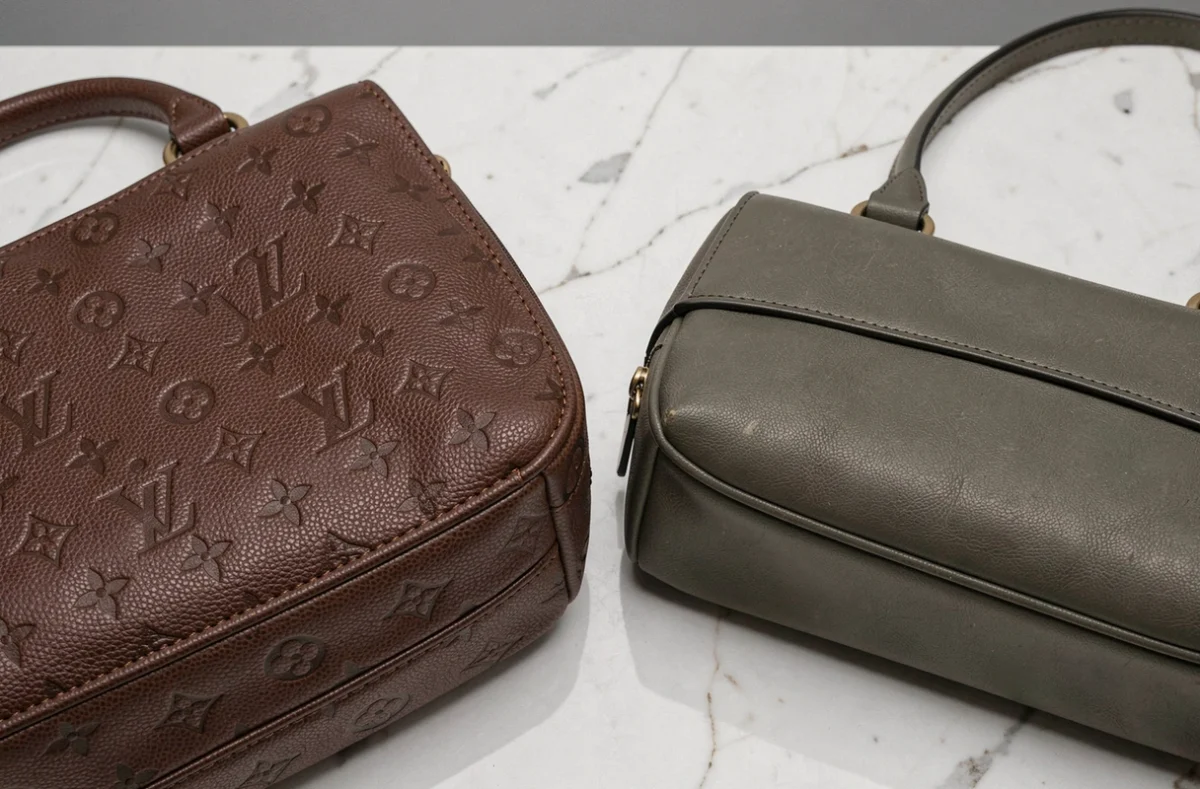 Comparaison côte à côte d'un vrai sac Louis Vuitton et d'une contrefaçon, mettant en évidence les défauts de fabrication