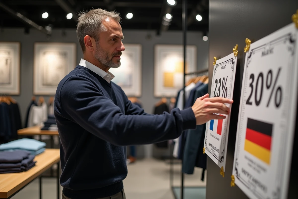 Responsable de magasin comparant les dates de soldes européennes sur un panneau promotionnel dans une boutique de vêtements moderne