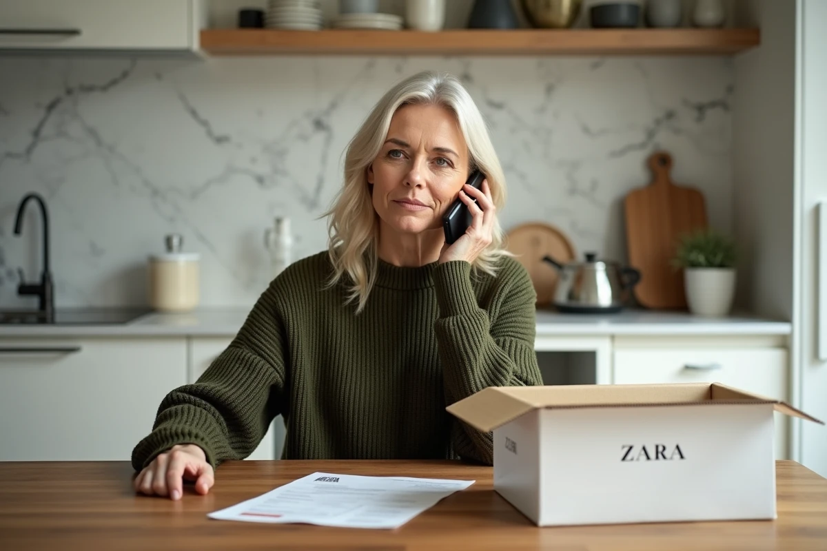 Femme au téléphone avec le service client ZARA pour signaler un problème de livraison à domicile