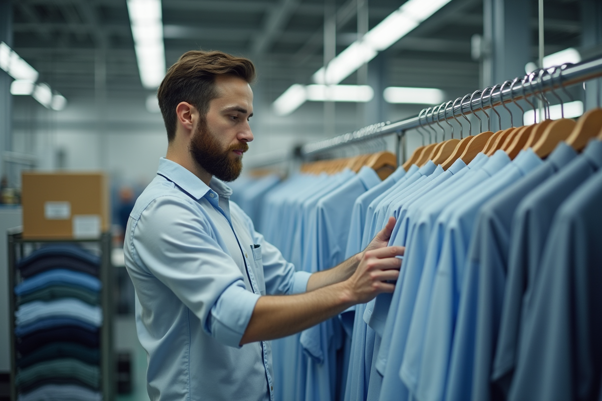 Jeune homme inspectant un shirt dans un espace de contrôle moderne