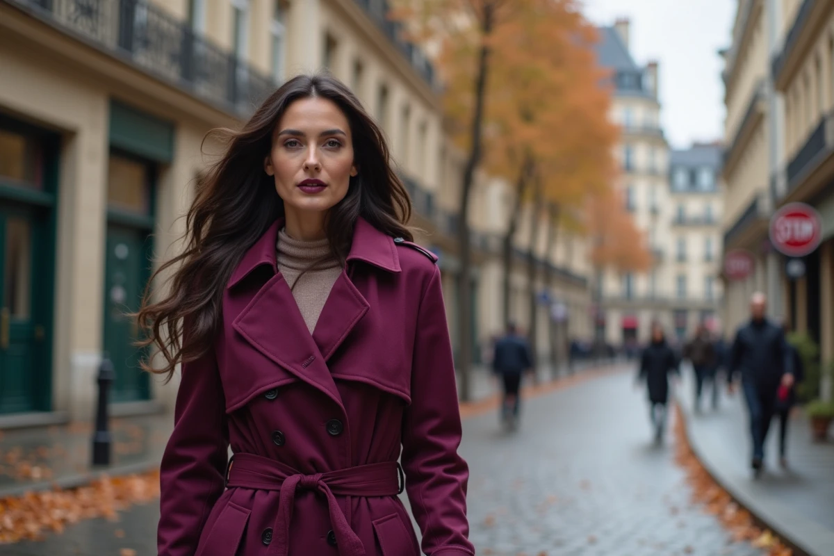 Femme en manteau prune dans une rue parisienne, maquillage berry et blush violet coordonnés à sa tenue automne 2026