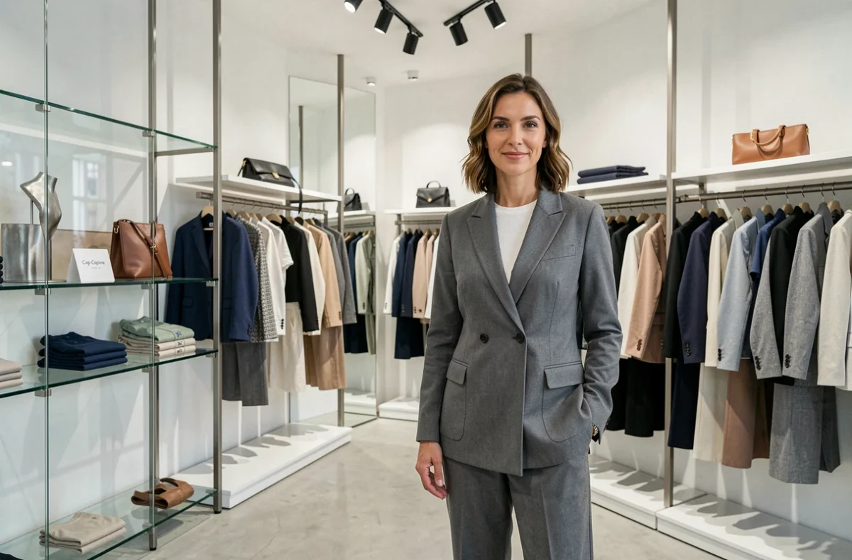 Boutique Cop-Copine à Dijon avec une cliente en tenue contemporaine devant des présentoirs de mode