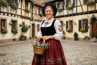 Femme en costume traditionnel alsacien avec coiffe noire et jupe rouge dans un village à colombages en fête