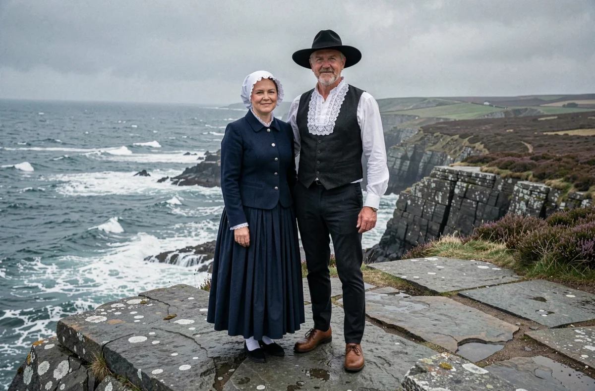 Couple en costume traditionnel breton sur une falaise de granit face à l'Atlantique avec coiffe blanche et sabots