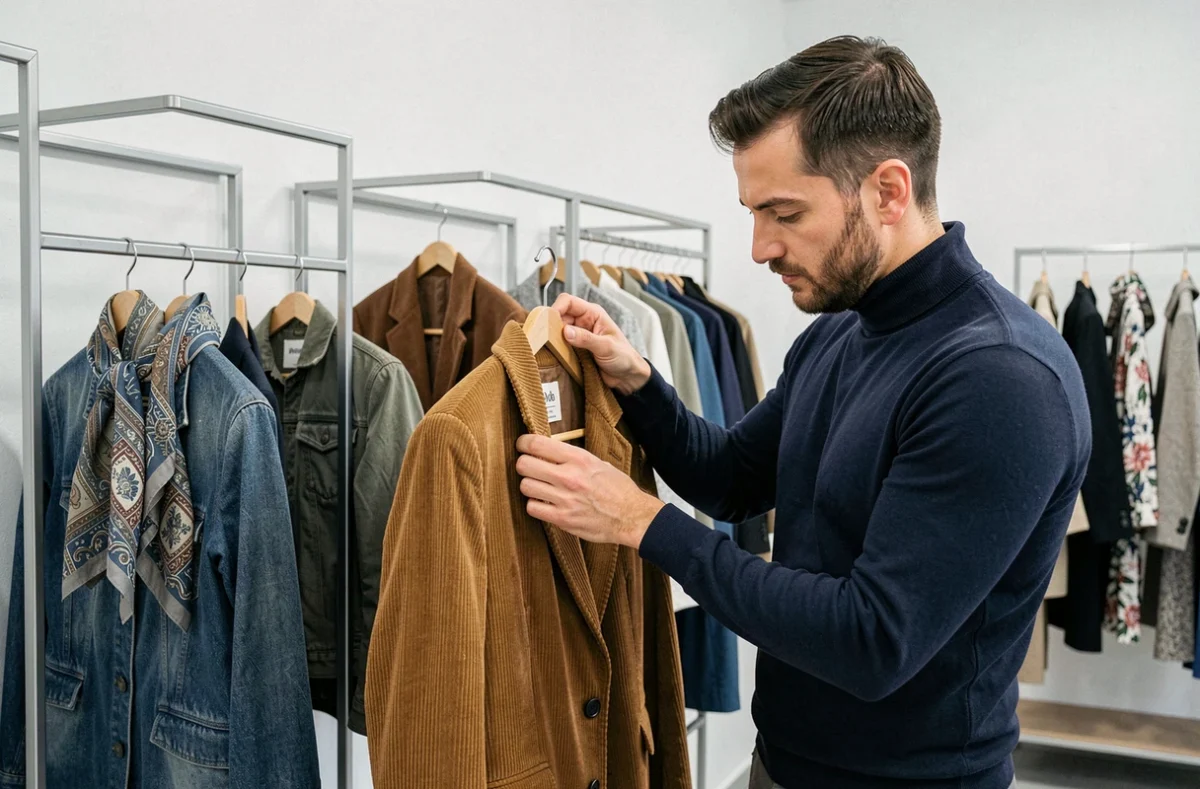 Boutique de mode seconde main Culture Seconde à Cherbourg-en-Cotentin avec vêtements de qualité sur portants métalliques