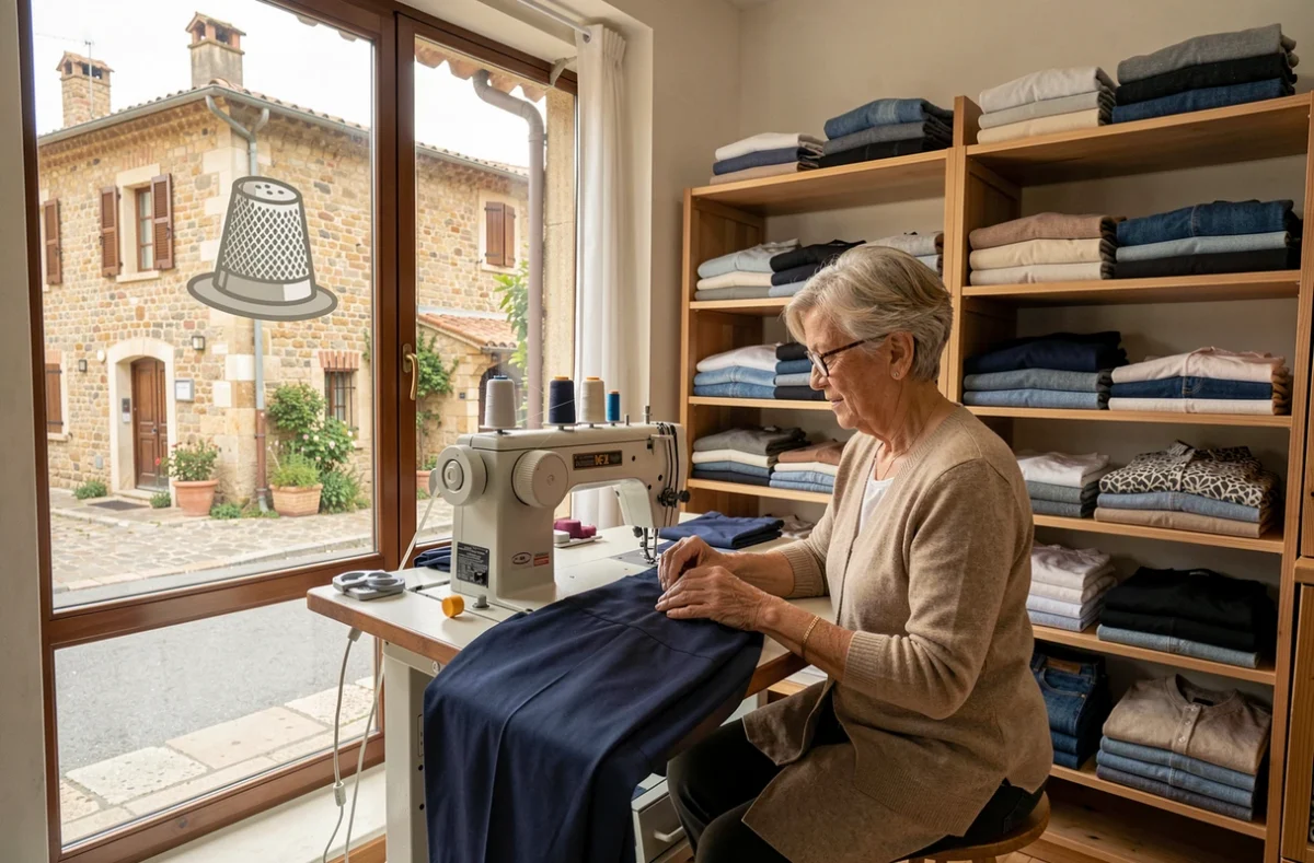 Couturière à sa machine à coudre dans la retoucherie Le Dé à Coudre aux Angles près d'Avignon