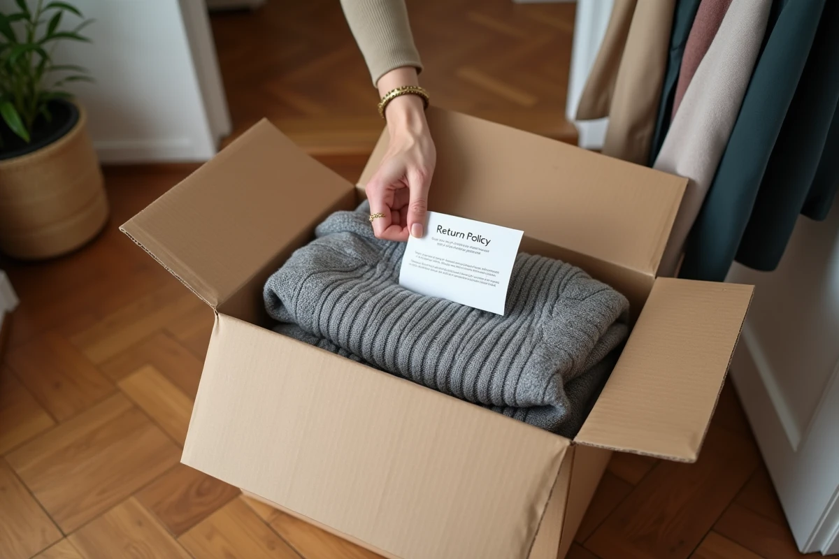 Déballage d'un colis The Braderie contenant des vêtements d'occasion soigneusement emballés