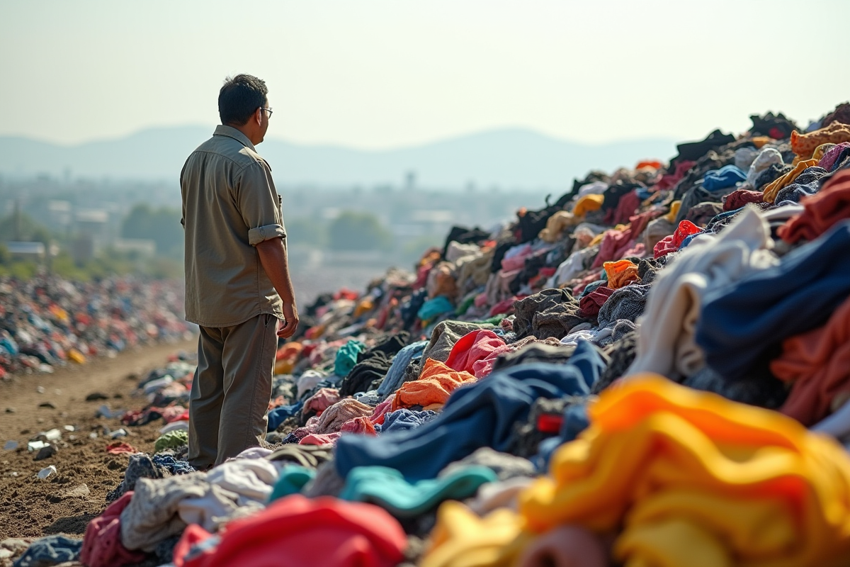 Homme sud-asiatique devant des vêtements de fast fashion en décharge