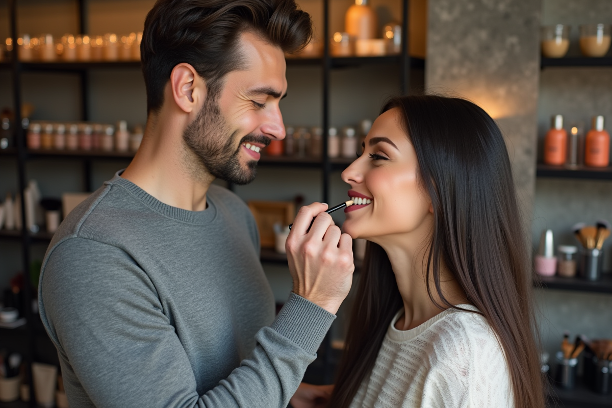 Homme montrant comment maquiller les lèvres dans un studio de beauté