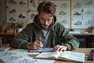 Jeune designer concentré sur son logo sneaker au studio