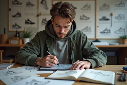 Jeune designer concentré sur son logo sneaker au studio