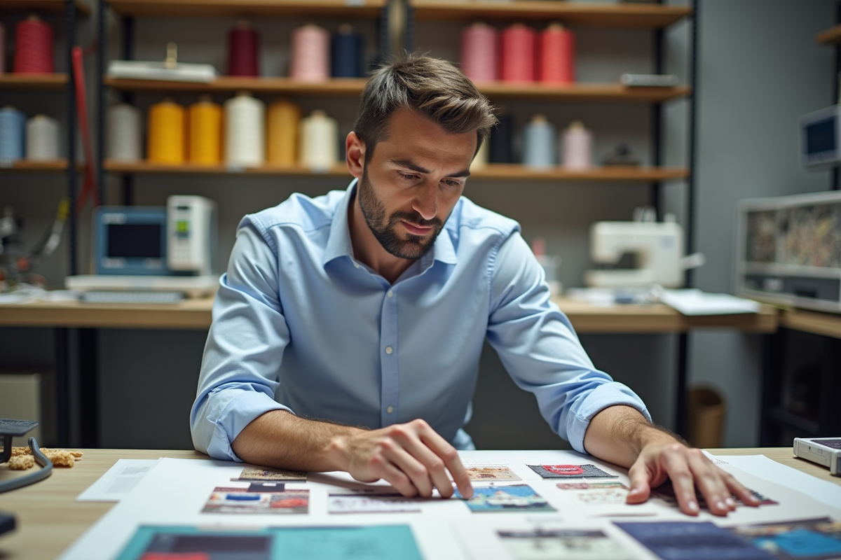 Designer de mode examinant un échantillon textile dans son studio