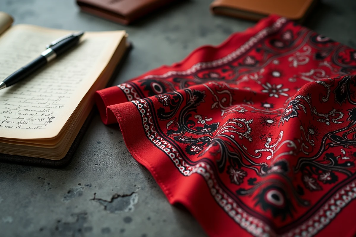 Gros plan d'un bandana paisley rouge et noir posé sur béton avec carnet et effets personnels