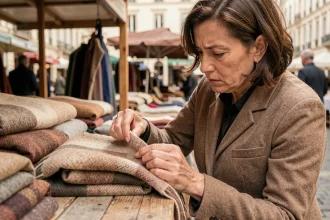 Femme examinant un châle cachemire au marché pour détecter une contrefaçon