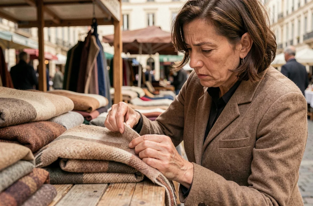 Femme examinant un châle cachemire au marché pour détecter une contrefaçon