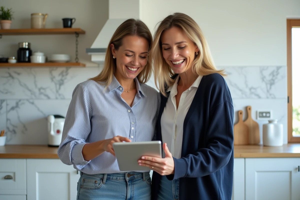 Deux femmes comparant des promotions vestimentaires sur une tablette dans une cuisine moderne