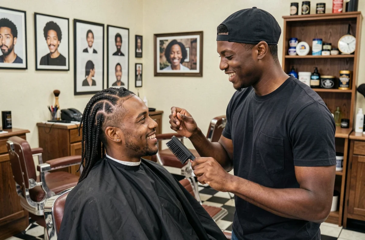 Deux jeunes hommes en barbershop discutant de la routine wave cap et brossage 360 waves, ambiance culturelle authentique