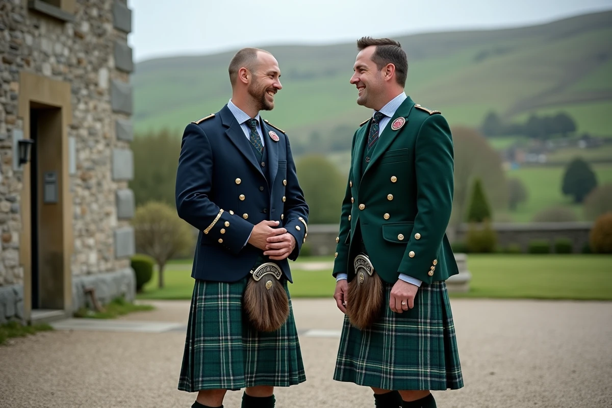 Deux hommes en kilts irlandais complémentaires discutant dans la cour d'un manoir en pierre avant une cérémonie