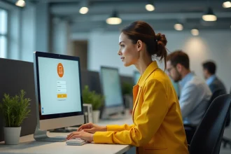 Employée La Poste en uniforme jaune accédant à son espace habillement depuis un ordinateur de bureau en réseau professionnel