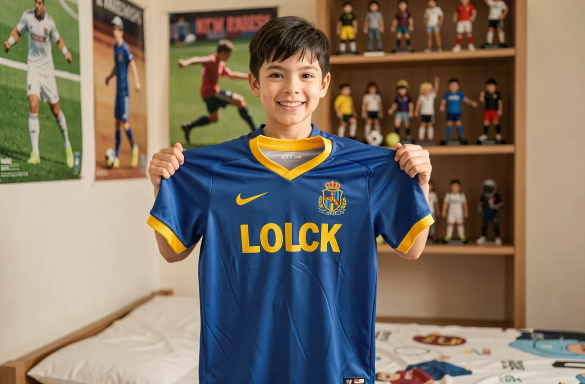 Jeune garçon vérifiant la taille d'un maillot Blue Lock dans sa chambre décorée de posters de football