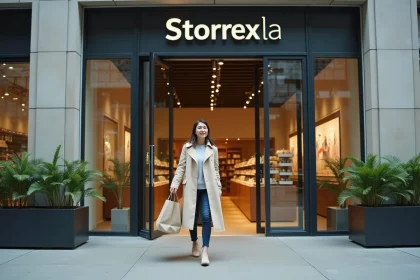 Entrée du nouveau magasin Dancharia avec façade moderne et cliente qui pousse les portes coulissantes automatiques