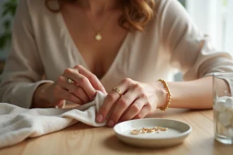 Femme entretenant un collier en or plaqué 18 carats avec un chiffon doux sur une coiffeuse en bois