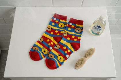 Chaussettes rigolottes aux motifs colorés posées sur un comptoir de salle de bain avec du savon doux pour l'entretien des couleurs