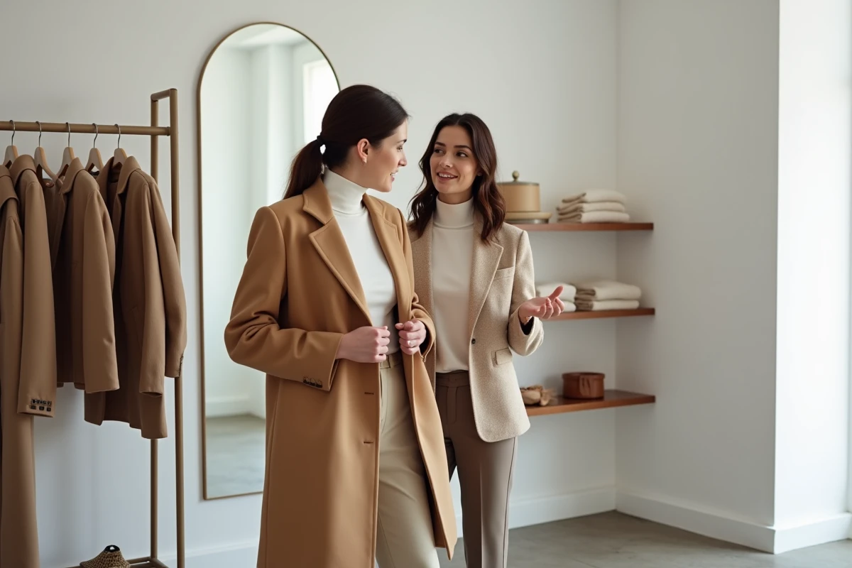 Deux femmes essayant un manteau camel dans une boutique de vêtements minimaliste pour renouveler leur style