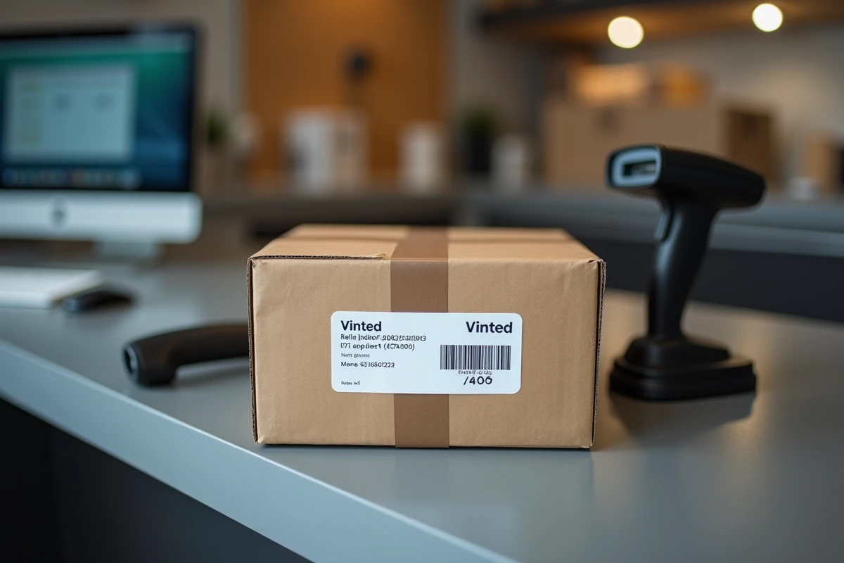 Gros plan d'un colis Vinted avec étiquette de livraison et code-barres posé sur le comptoir d'un point relais avec scanner