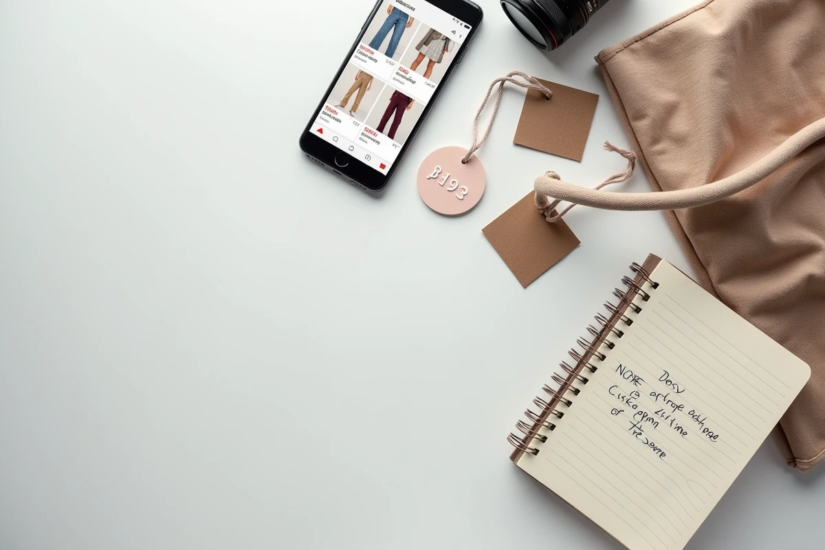 Vue de dessus d'étiquettes de vêtements de marque et d'un smartphone affichant des promotions en ligne