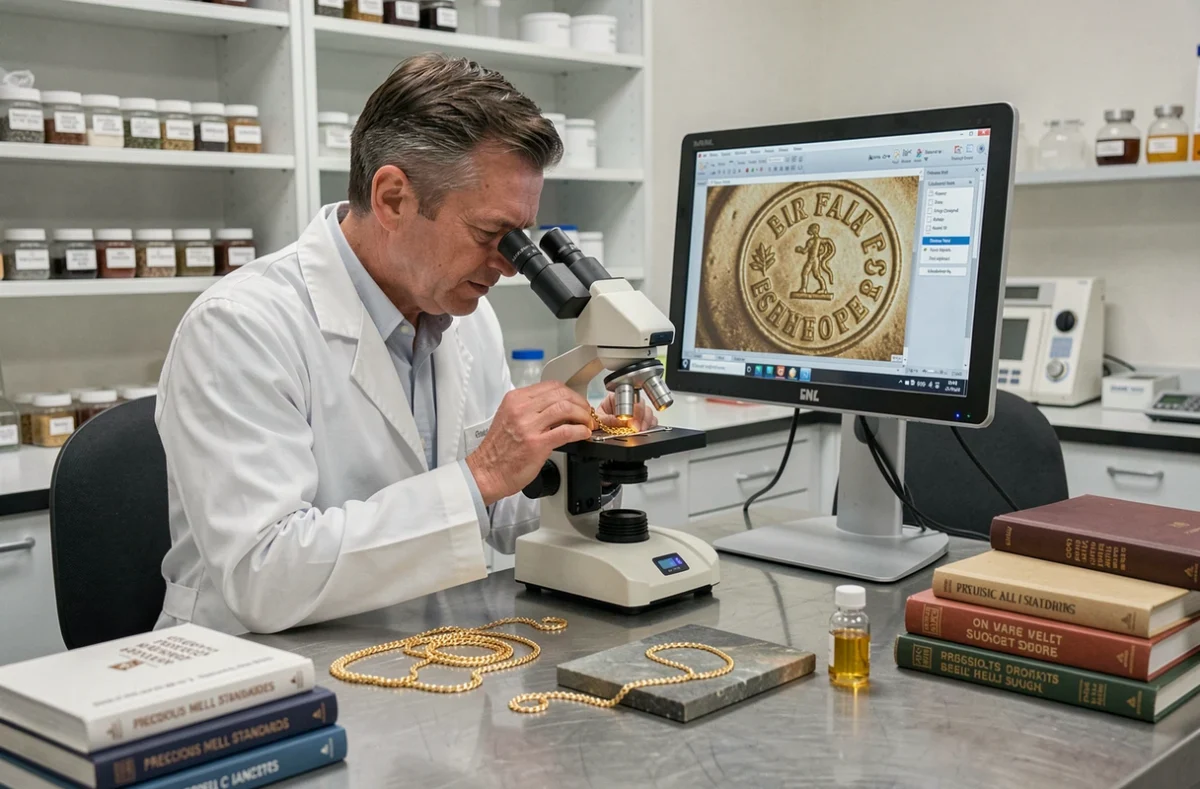 Expert en métaux précieux analysant un poinçon d'or au microscope dans un laboratoire d'essai professionnel