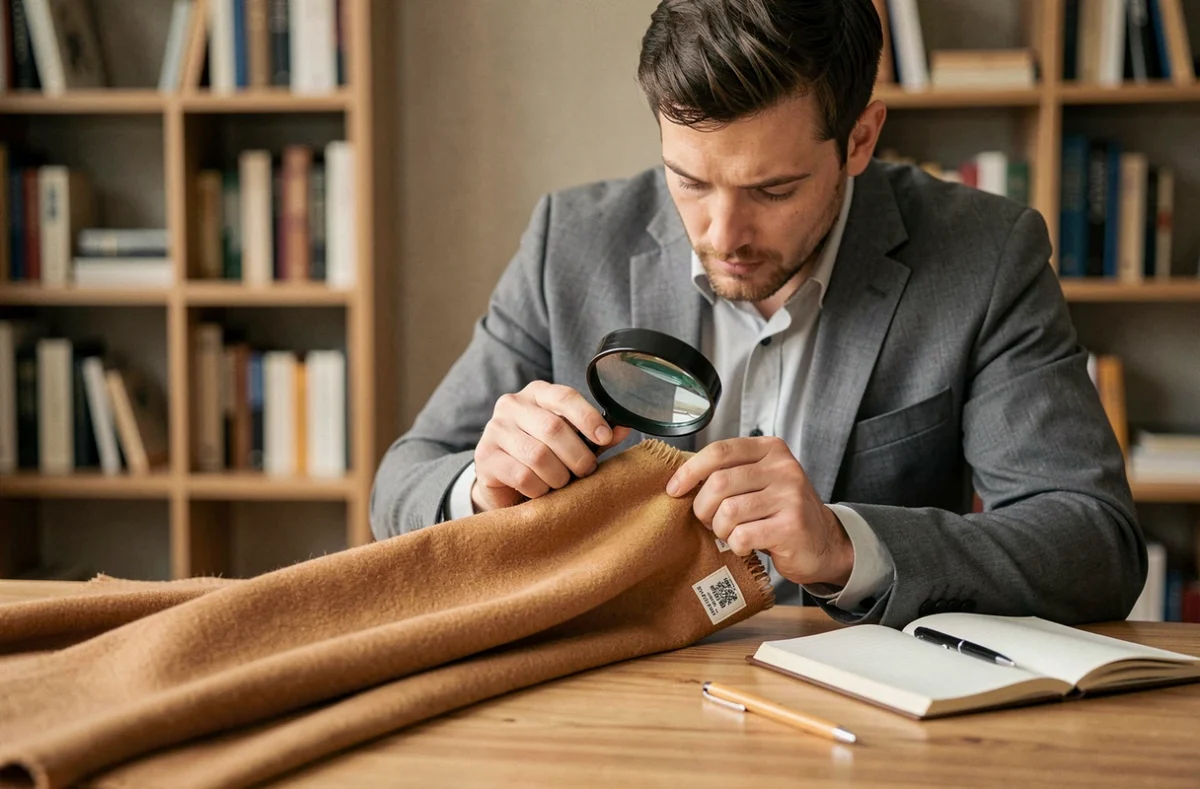 Expert authentifiant un châle cachemire avec une loupe sur un bureau en bois