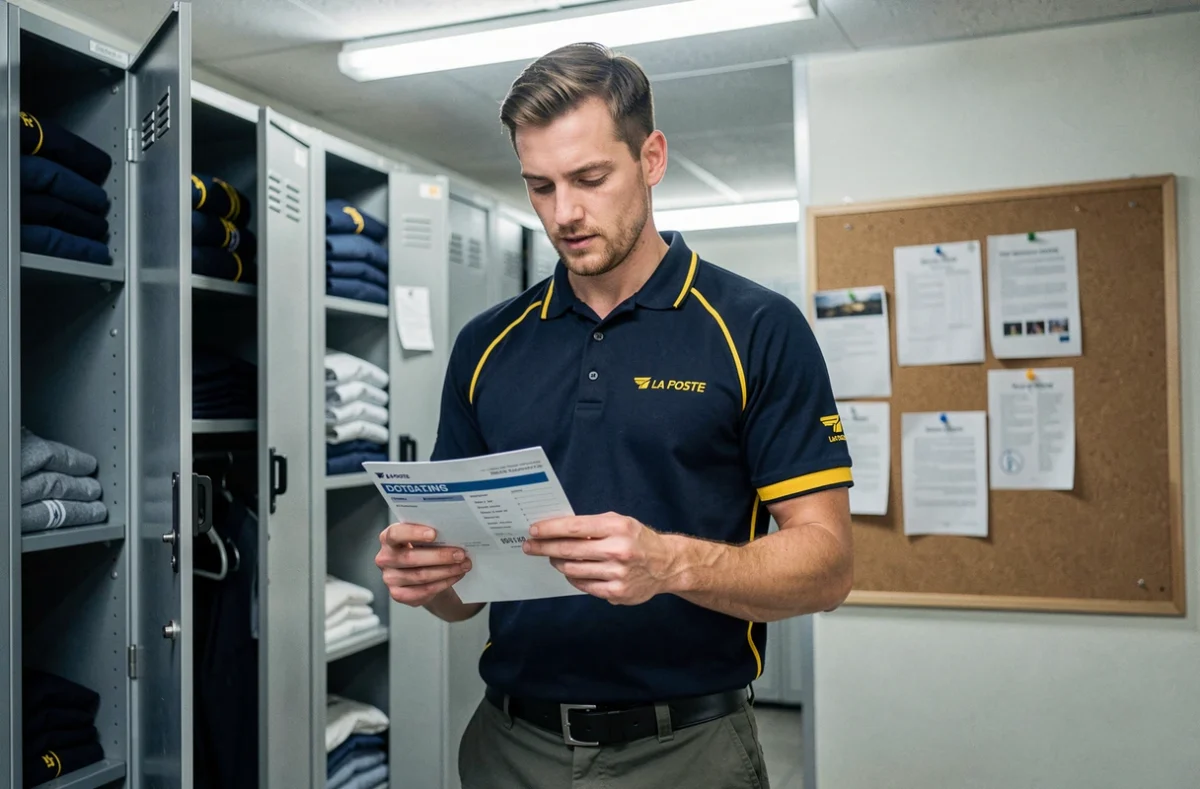 Facteur La Poste en uniforme tenant un bon de dotation habillement devant des rayonnages de vêtements de travail