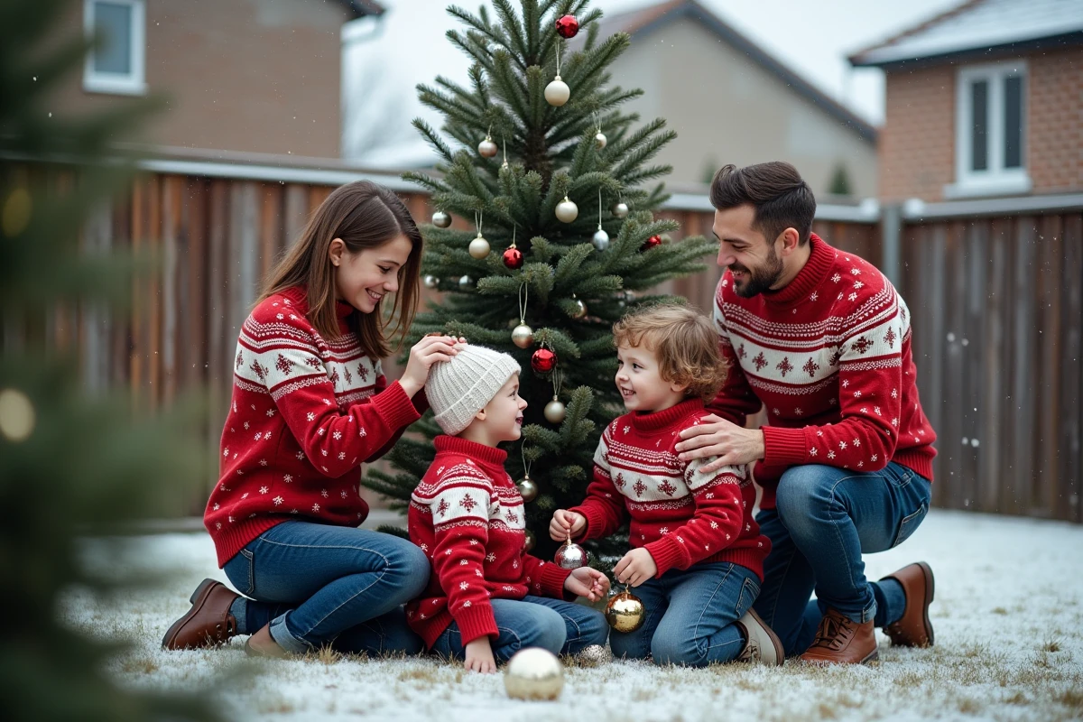 Famille décorant un arbre de Noël en extérieur