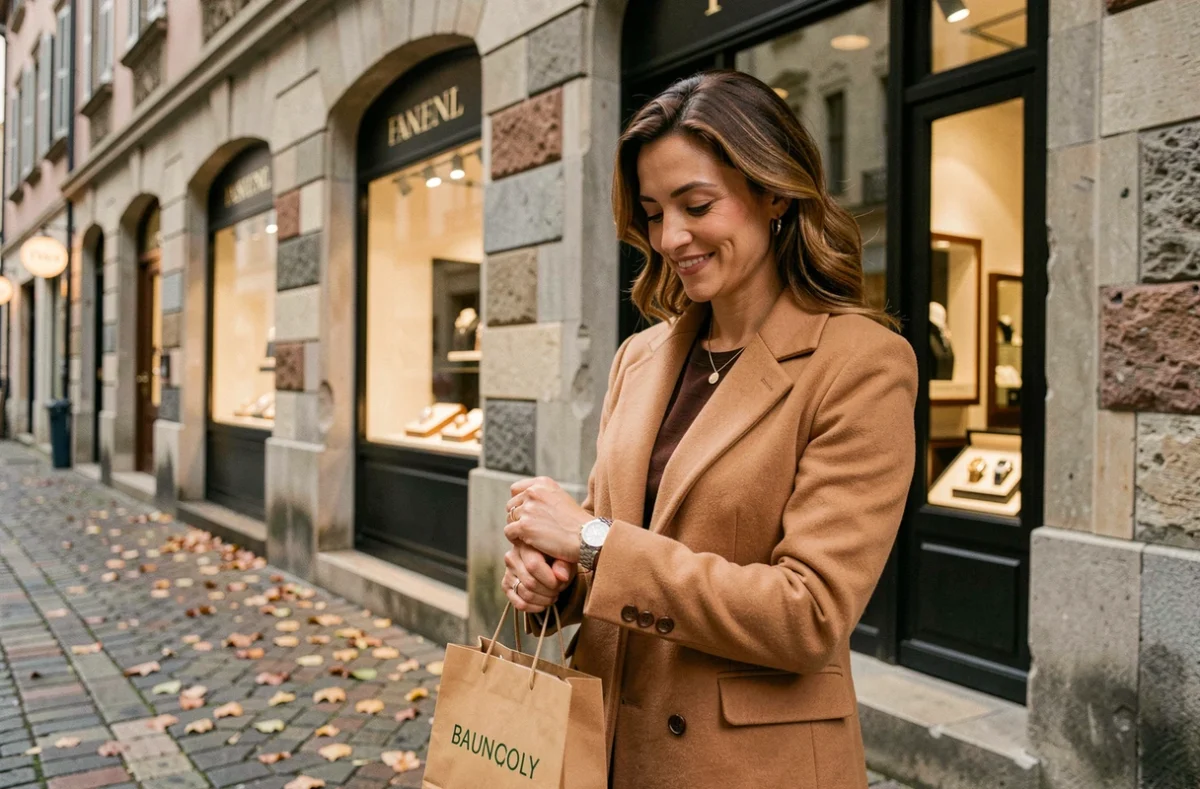 Femme élégante portant une Rolex achetée dans une boutique de luxe à Genève en Suisse