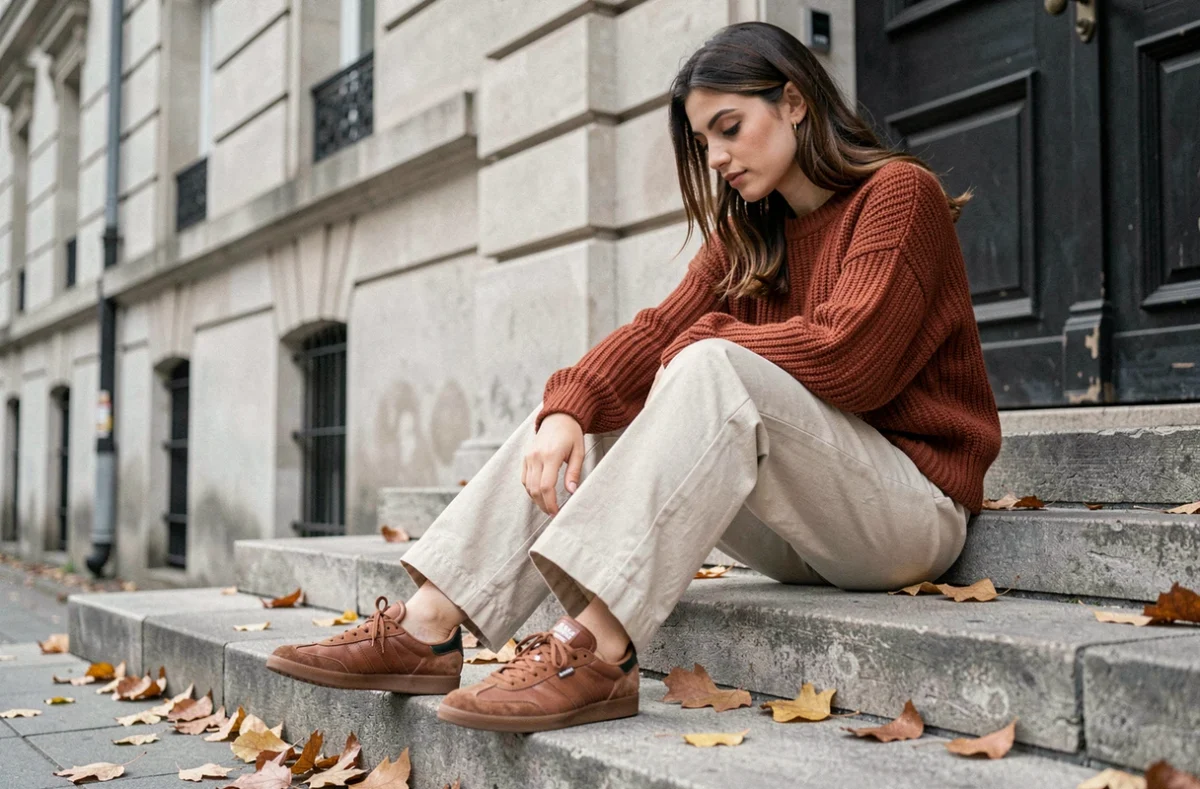 Femme assise sur des marches en pierre portant des Adidas Spezial marron avec une tenue automnale