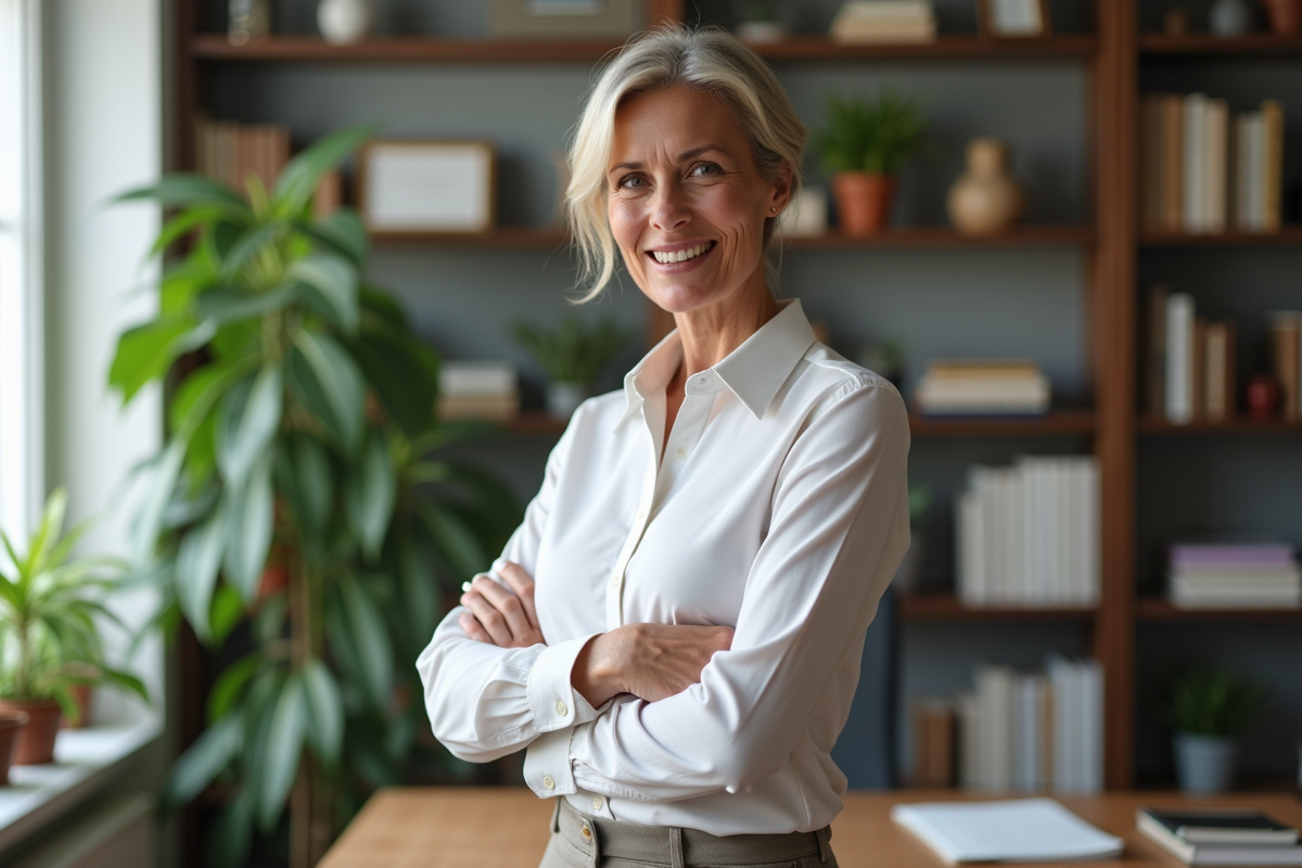Femme mature ajustant sa chemise dans un bureau lumineux