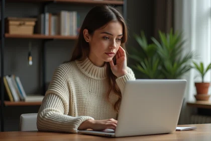 Femme évaluant les avis d'un site de vêtements de marque en promotion sur son ordinateur portable