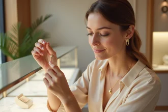 Femme examinant un bijou en or dans une boutique SRD Bijoux moderne en 2026