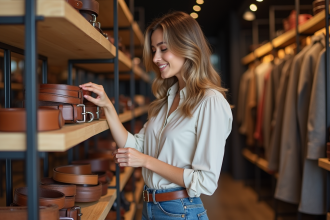 Femme élégante choisissant une ceinture en cuir dans une boutique