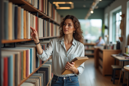 Femme dans une boutique de tissus moderne et chaleureuse