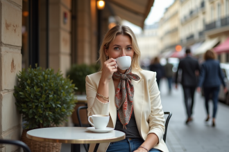 Femme élégante sirotant un café à Paris avec foulard en soie