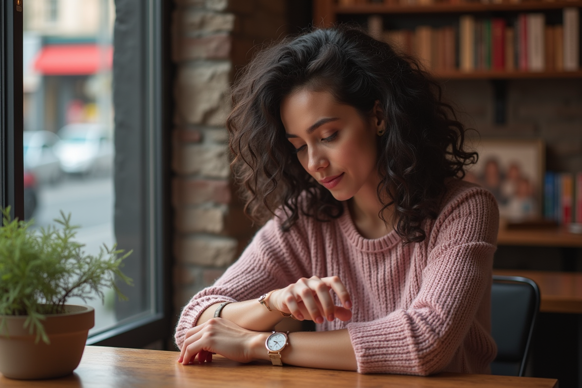 Jeune femme au café examinant des teintes de rouge à lèvres