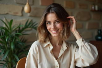 Femme souriante dans un salon cosy avec cheveux volumineux