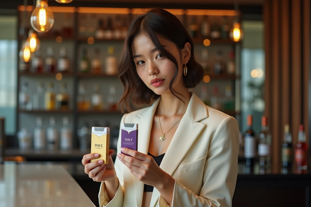 Femme comparant deux paquets de cigarettes Vogue de couleurs différentes dans un bar moderne, illustrant les distinctions visuelles des variantes
