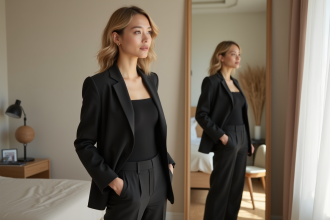 Femme confiante dans une chambre moderne près du miroir