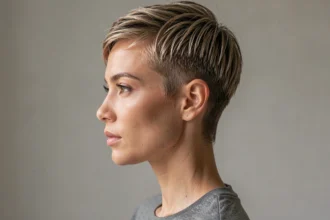 Femme de profil avec une coupe pixie texturée