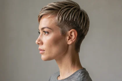 Femme de profil avec une coupe pixie texturée