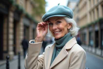 Femme âgée élégante portant un béret pastel et manteau crème
