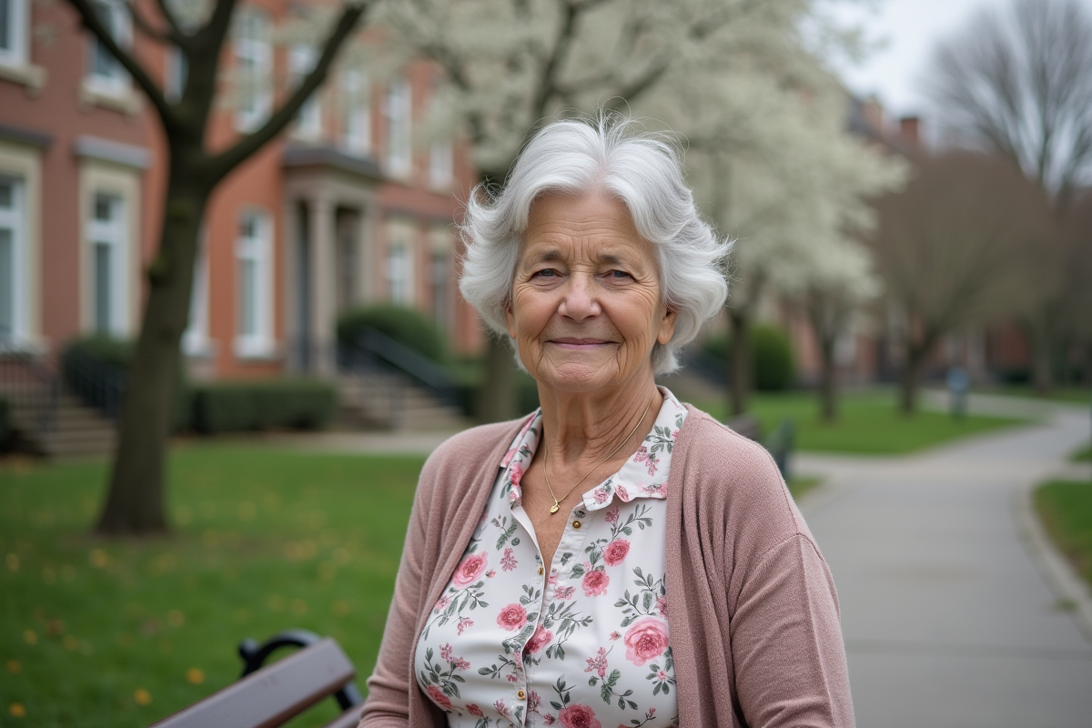 Femme âgée dans un parc urbain avec banc et arbres en fleurs